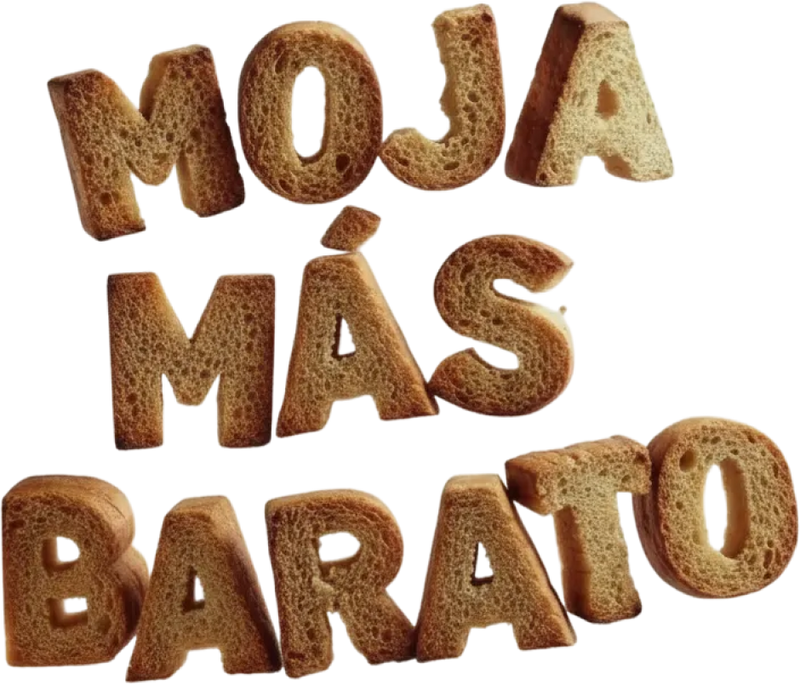 «Moja más barato» escrito con letras de pan