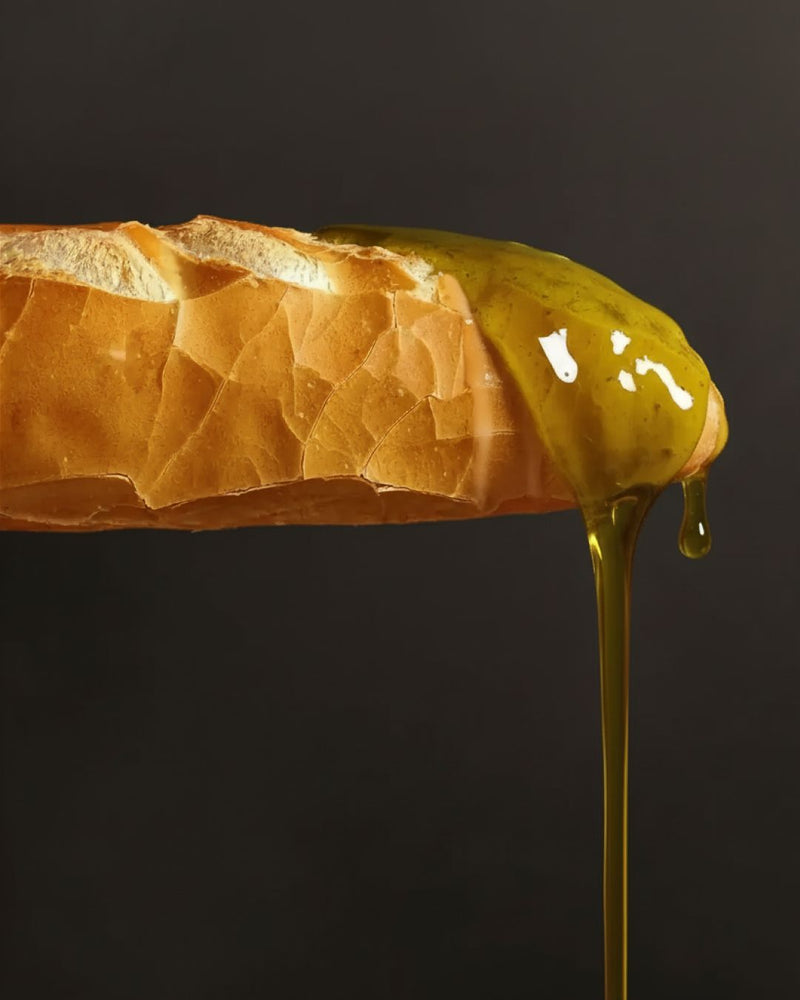 Pan con aceite goteando sobre fondo oscuro